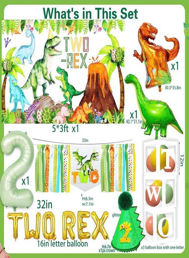 BIGKEOKI Dinosaur Birthday Party Supplies Two Rex Birthday Decorations Boy Watercolor Trex Dinosaur Tableware Set Balloon Garland Balloon Boxes Highchair Banner Glitter Banner Crown Backdrop TableCloth - Image 2